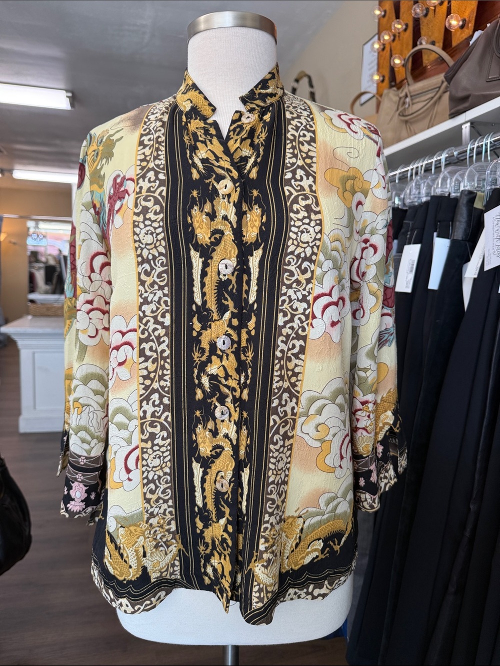 Citron Santa Monica Asian Inspired Crinkle Silk Button Up Blouse Size Small